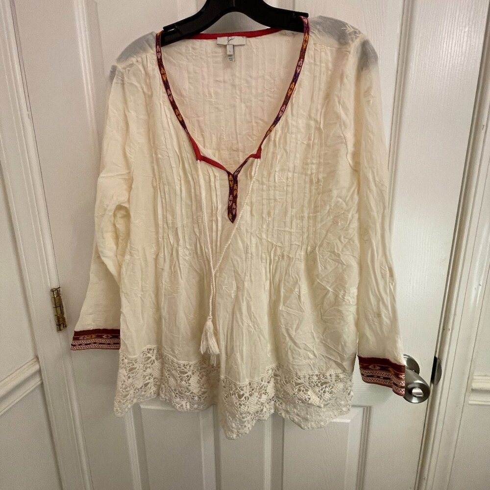 Joie Cotton Embroidery Ivory Top V-Neck Tassel Boho Hippie size L